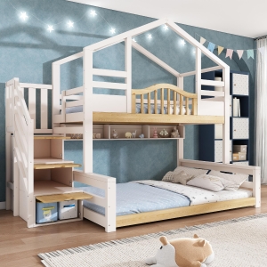 House-Shaped Bunk Bed with Staircase Storage, Space-Saving Kids Bed with Integrated Shelves, 244L x 140W x 206H cm, White+Natural