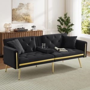 Two-Seater Convertible Sofa Bed with 3-Level Adjustable Backrest, Space-Saving Sleeper Sofa with High-Density Foam, 174L x 76W x 71.5H cm, Black