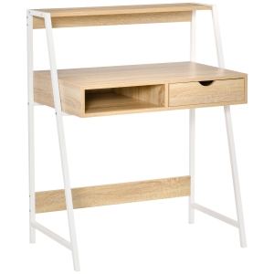 HOMCOM Bureau secrétaire Bureau Informatique Style néo-rétro tiroir Niche étagère métal blanc, aspect chêne clair