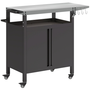 Outsunny Grillwagen – 3-laags inklapbare serveerwagen met werkblad, kast, haken en wielen, BBQ-tafel van roestvrij staal, buitenrolwagen, houtskoolgrill voor tuin, 116x50x93 cm, zwart