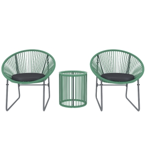 Outsunny 3-teiliges Outdoor-Möbelset, 1 Tisch, 2 Stühle, Glastischplatte, Kunststoff-Rattan um Stahlrahmen, weiche Kissen, Grün