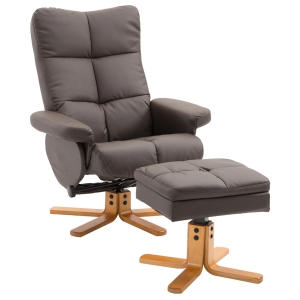 HOMCOM Swivel Recliner Chair and Footstool with Hidden Storage, Upholstered Recliner Armchair with Solid Wood Base for Living Room, Brown