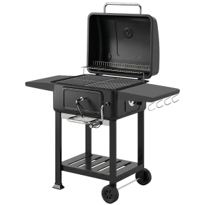 Outsunny Holzkohlegrill BBQ Smoker mit Deckel Thermometer höhenverstellbar Kohlepfanne Kamin Grillrost Seitentisch Aschefach