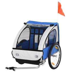 HOMCOM 2 Seat Bike Trailer Bicycle wagon for Kids Child Steel Frame Safety Harness Seat Carrier Hitch Coupler Blue White 130 x 76 x 88 cm