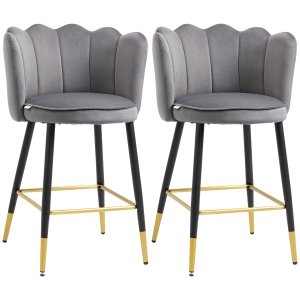 HOMCOM Set de 2 Scaune de Bar Catifelate cu Suport pentru Picioare și Bază din Oțel, 59x52x90cm, Gri