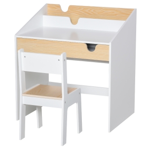 HOMCOM Set Birou și Scaun pentru Copii cu Sertar și Raft, Margini Rotunjite, Vârsta 6-10 Ani, Alb și Lemn