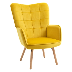 HOMCOM Modern Accent Chair Velvet-Touch Tufted Wingback Armchair Upholstered Leisure Lounge Sofa Club Chair with Wood Legs, Yellow