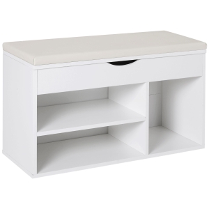 HOMCOM Banco Zapatero Mueble para Zapatos Salvaespacio con Asiento Acolchado Abatible para Entrada Madera 80x30x47 cm Blanco