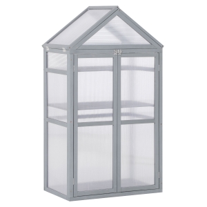 Outsunny 80 x 47 x 138cm Garden Cold Frame with Adjustable Shelves, Polycarbonate Greenhouse with Double Doors, Openable Top Covers, Grow House for Flower Vegetable Plants, Grey