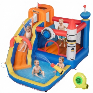 Outsunny Gioco Gonfiabile per Bambini 3-8 Anni a tema Spazio con Borsa, 11 Paletti e Toppe Inclusi, 340x270x227 cm