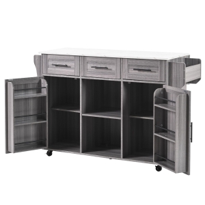 Grande ilha de cozinha com 3 gavetas, portas de arrumação, prateleiras ajustáveis e suporte para toalhas, 139x46/71x91,5 cm, Cinzento