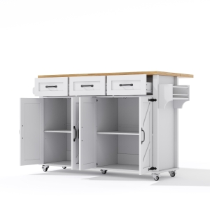 Ilha de cozinha com bancada rebatível, 4 portas, 3 gavetas, suportes duplos para toalhas, design estilo celeiro, 140x43/70x90,5 cm, Branco+Cor natural