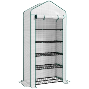 Outsunny 5 Tier Widened Mini Greenhouse with Reinforced PE Cover, Portable Indoor Outdoor Green House with Roll-up Door and Wire Shelves, 90 x 49 x 193cm, White