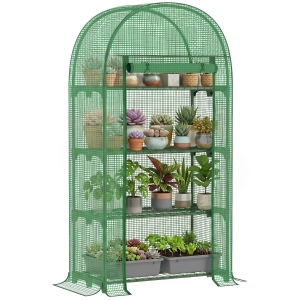 Outsunny Invernadero de Jardín con 4 Estantes Metálicos Puerta Enrollable y Cubierta de PE Vivero Casero de Terraza para Cultivo Plantas Flores Macetas 80x49x160 cm Verde