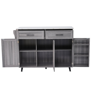 Grande ilha de cozinha com tampo extensível dobrável, 5 rodízios (2 com travão) , 129x46/71x91,5 cm, Cinzento