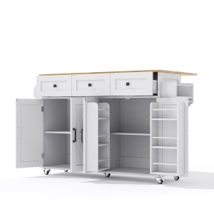 Ilha de cozinha com tampo rebatível, 4 portas, 3 gavetas, suportes duplos para toalhas, design estilo celeiro, 140x43/70x90,5 cm, Branco+Cor natural