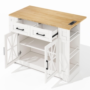 Ilha de cozinha com mesa de jantar dobrável, tampo de trabalho extensível, 120x40/65x92 cm, Branco+Cor natural