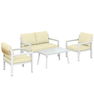 Outsunny 4 Seater Rattan Garden Furniture Set with 2 Armchairs, Loveseat, Coffee Table, Garden Sofa Set with Cushions, Cream