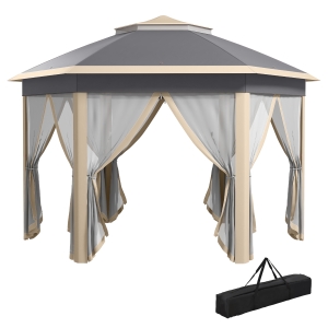 Outsunny Paviljoen 4x4 tuinpaviljoen zeshoekig opvouwbaar met draagtas dubbel dak beige+ kaki