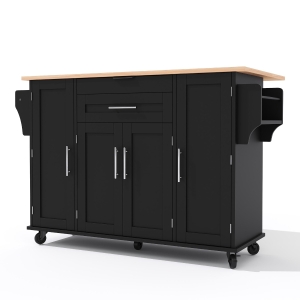 Ilha de cozinha móvel com gaveta oculta para talheres, prateleiras reguláveis, prateleira para especiarias e suporte para toalhas, 136x45/70x92 cm, Preto+Cor natural