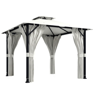 Outsunny Tonnelle de jardin extérieur 3x3m pavillon de jardin, toit double, rideaux, crochets de plafond, cadre en métal, crème
