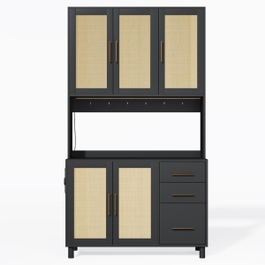 Móvel de cozinha com acabamento em rattan trançado e puxadores metálicos dourados, luzes LED decorativas, 100x40x183 cm, Preto