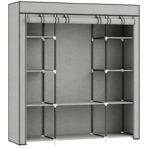 HOMCOM Clothes Storage Organiser with Hanging Rail, Shelves, Portable Wardrobe, Foldable Fabric Wardrobe, Light Grey