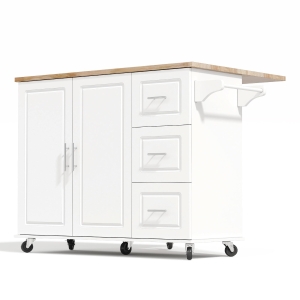 Grande ilha de cozinha móvel,design dobrável, armário multifuncional com 3 gavetas, suporte para toalhas, 137x43/76x92 cm, Branco