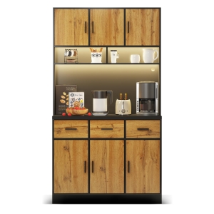 Buffet de cozinha multifuncional, 3 gavetas silenciosas e 6 portas de armário, 100x40x180 cm, Cor natural