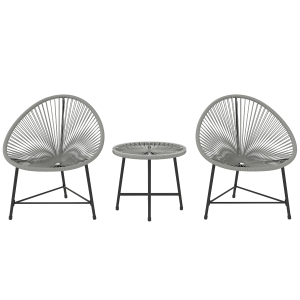 Outsunny 3-delige Loungeset, 2 Stoelen van Kunststof Rotan, 1 Tafel met Glazen Blad, Stalen Frame, Outdoor Meubels, Grijs
