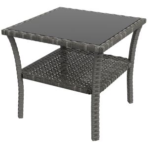Outsunny Polyrattan Tuintafel, 50 x 50 x 45cm, Weerbestendige Bijzettafel voor 4 Personen, Vierkant met Opbergplank en Glazen Tafelblad