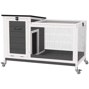 PawHut Casinha para Coelhos em Madeira com Cercado de Passeio Rodas Telhado Dobrável para Interior e Exterior 92 x 52 x 67 cm Cinzento escuro