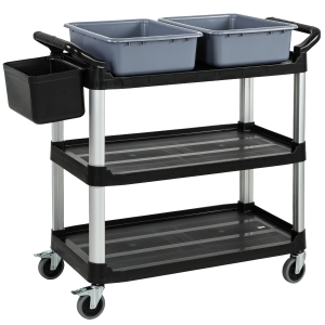 HOMCOM Carrinho de Limpeza com Rodas com 3 Prateleiras 2 Contentores e Balde Lateral Suspenso Carga 100 kg Preto.
