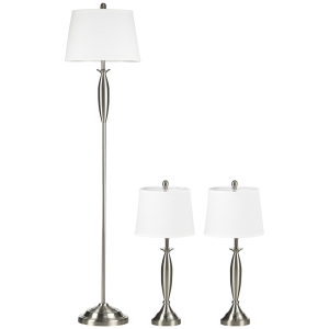 HOMCOM Conjunto de 3 luminárias. 1 candeeiro de pé, 2 candeeiros de mesa, aspeto em linho; 38 cm x 38 cm x 158 cm, Prata + Branco