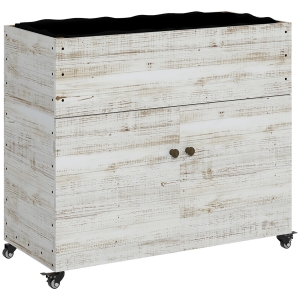 Outsunny Canteiro elevado com rodízios, compartimento com armário, forro interior, visual envelhecido, 110x50x95 cm, Branco