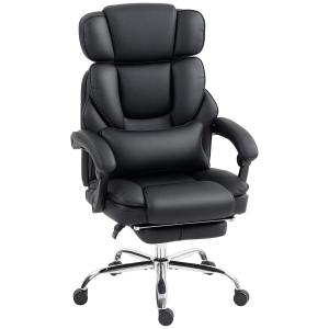 HOMCOM Cadeira de Escritório Ergonômica Giratória com Altura Ajustável, Suporte Lombar, Apoio de Braço, Apoio para Pés, Couro PU, Preta