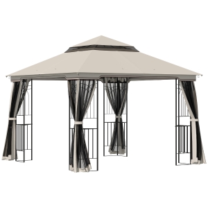 Outsunny Pavilhão de jardim com teto duplo Pavilhão Tenda de jardim Tenda de festa com 4 x parede lateral Metal+Poliéster Bege 2,99 x 2,99 x 2,74 m