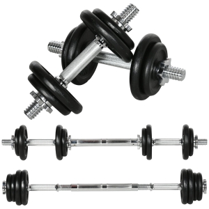 HOMCOM Haltere curto, Barra longa, 2 em 1, 20 kg, 8 discos, inoxidável, ferro, preto, 95 x 16 x 16Hcm