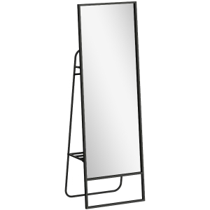 HOMCOM Espelho de corpo inteiro, design industrial, prateleira traseira, 2 ganchos, armação metálica, para quarto, 157 x 50 cm, Preto