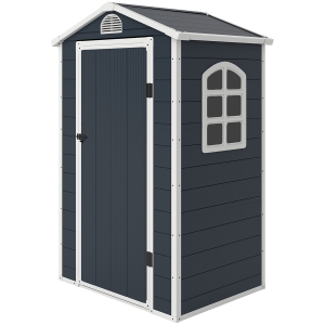 Outsunny Abrigo para Ferramentas 1,1 m², Galpão de Jardim com Telhado a duas águas, 134 x 104 x 204 cm, Casinha de Jardim em Plástico com Porta Trancável, Abertura de Ventilação e Janela, Jardim Cinza Escuro