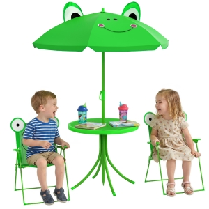 Outsunny Set de Mesa y Sillas Infantil de Jardín Conjunto de Picnic Plegable para Niños Juego de Mesa con Sombrilla Ajustable en Altura de 100-125 cm Diseño de Rana Verde