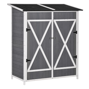 Outsunny Armário de jardim Abrigo de ferramentas com 2 portas Armário com telhado de betume Armário de arrumação para jardim Design antidumping com pregos para o chão Madeira de abeto Cinza+Branco 139 x 75 x 160 cm