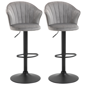 HOMCOM Conjunto de 2 banquetas de bar giratórias com encosto Toque em veludo Banqueta bistrô com altura ajustável Sem braços Espuma Cinza 54 x 56 x 91-111 cm
