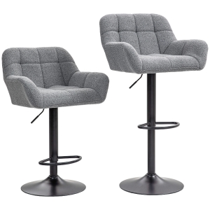 HOMCOM Banquetas de Bar Conjunto de 2 Design Retro Ajustável Acabamento Fleece Cinza + Preto