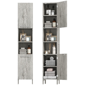 HOMCOM Meuble Colonne Rangement Salle de Bain dim. 30L x 32l x 172H cm 2 placards avec étagère + 2 niches MDF Imitation Bois Gris