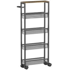 HOMCOM Carrinho de cozinha carrinho de servir com 5 níveis, carrinho prateleira de cozinha com tampo, rodízios alça 47 x 13 x 96,5 cm, Preto