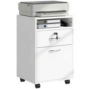 HOMCOM Cajonera de Oficina con Cajón con Cerradura y Armario con Ruedas Soporte de Impresora para Estudio 40x35x60 cm Blanco
