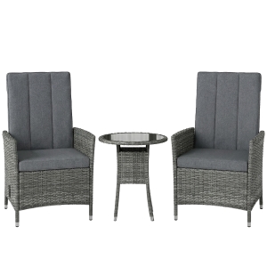 Outsunny Rattan Bistro Set, Reclining Garden Chairs and Glass Coffee Table with Cushions for Patio Balcony Porch, Grey