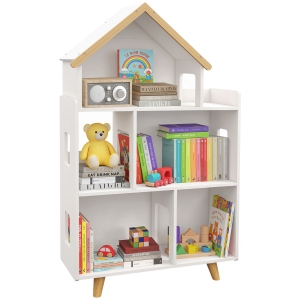 ZONEKIZ Étagère de rangement pour jouet enfant et livres forme de maison 3 niveaux  65 x 25 x 108,5 cm blanc et naturel