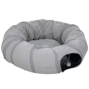 PawHut Túnel para gato interior redondo com cama e almofada, dobrável, com aberturas para bolas e visor, Ø 90 x 27 cm cinza